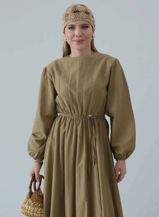 Linnen Jurk Khaki - Afbeelding 2